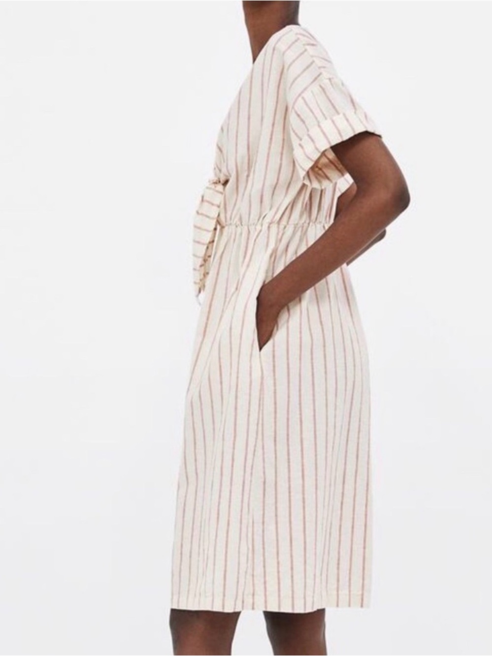 Zara Cream Midi Dress with Stripes and Front Tie - Picture 3 of 8